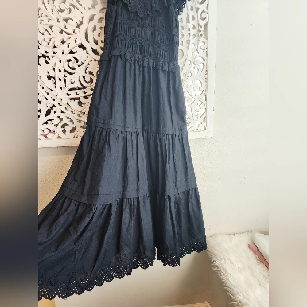 Madewell Madilynn Ruffle Neck Lucie Black Midi Dress Size 0 - Picture 10 of 14